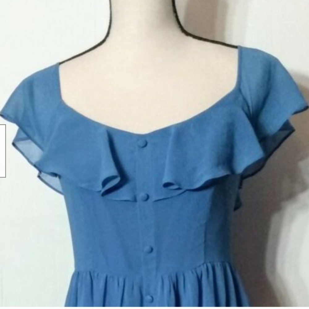Blue Chiffon Fully Lined Dress With Buttons